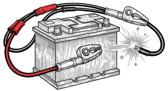 Car battery jumper cables with sparking terminal connection.