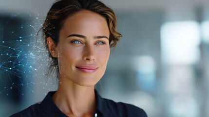 Obraz premium Confident businesswoman with blue eyes stands in a modern office, digital network graphics overlaying her face. Futuristic technology and innovation concept in corporate environment