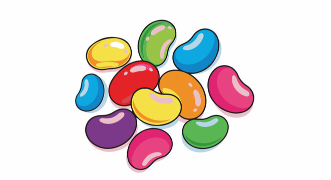 Colorful, glossy bean-shaped candies scattered on a white background