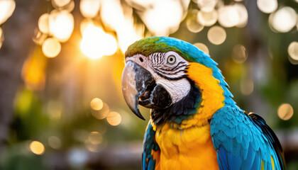 Fototapeta premium A colorful parrot, the parrot displays vibrant blue and yellow plumage. The parrot is set against a blurred background, illuminated by warm sunlight.