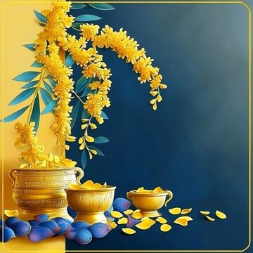 Bring joy to your Vishu celebrations with this charming card showcasing konna flowers.