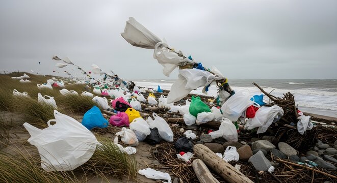 Plastic Bag Catastrophe on a Polluted Beach