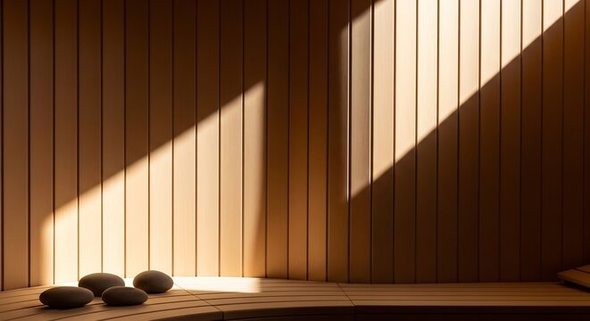 Warm Wooden Sauna Interior with Natural Sunlight and Stones.