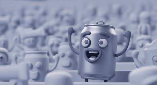 Excited Cartoon Soda Can Character Standing Out From Crowd.