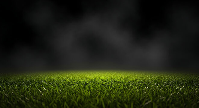 Close up of green grass turf on sports field at night with single spotlight and dark smoky background professional football pitch surface for match day competition and athletics concept detail