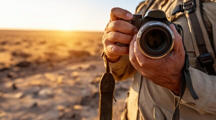 Fototapeta premium Photographer Holding Professional Camera in Desert Sunset Landscape