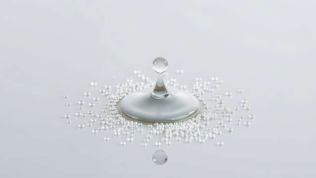 globules. Mercury droplet scattered into silvery beads on a smooth, reflective surface. STEM education sheets, lab safety posters, designed for biotech research communications, used by architects.