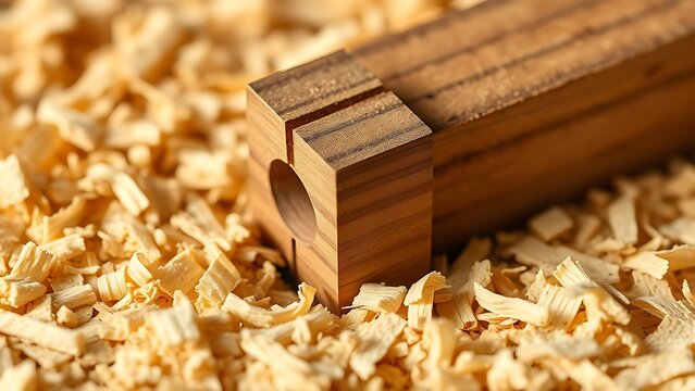 tenon. Macro shot of a traditional woodworking joint, a mortise and tenon nestled in wood shavings. event key visuals, club posters, designed for sports event promotions and stadium branding.