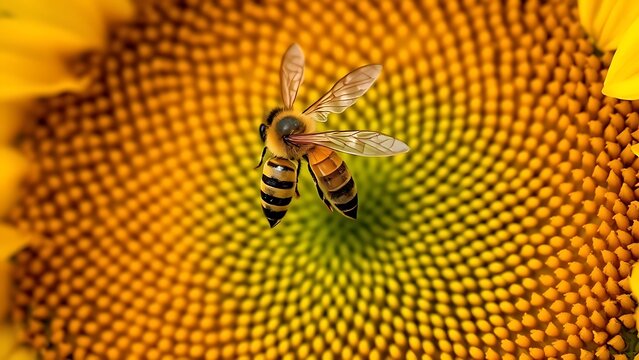 involucre. Close-up of honeybee wings hovering in a sunflower, morning light, soft background. wildlife magazines, conservation campaigns, designed for eco-tourism storytelling.