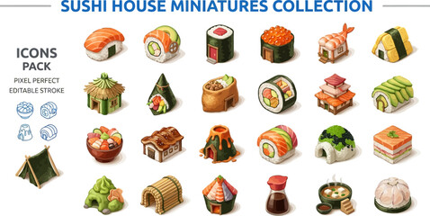 Isometric miniature houses and japanese culture element vector icons © Pixel_Forge