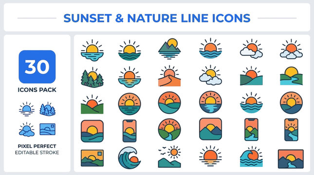 Sunset and Nature Line outline icon set. Featuring sun set, mountain view, beach horizon, twilight, and evening sky symbols. Editable stroke vector icons for landscape and outdoor scene design.