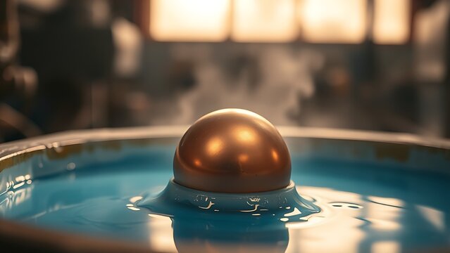 electrolytic. A copper part emerging from a blue electrolytic bath in an industrial setting. safety posters, maintenance manuals, designed for precision metalworking and fabrication facilities.