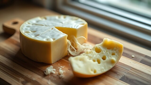 scamorza. Half of a scamorza cheese cut open on a wooden board, revealing its pale yellow, stringy interior. menu design.