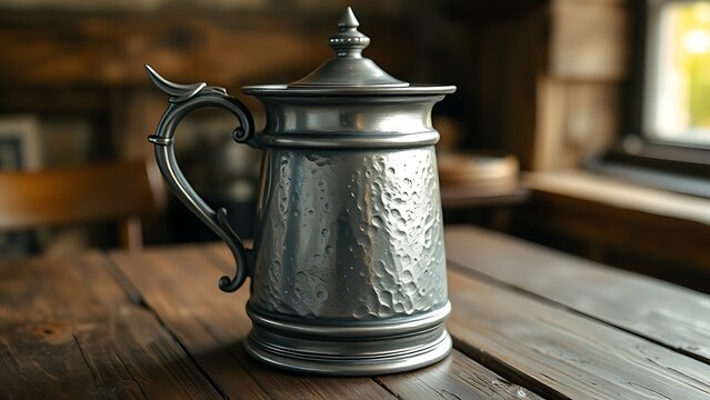 flagon. Medieval pewter flagon with hammered texture on rustic wooden tavern table. bar promotions, beverage menus, designed for food & beverage menus and cafe branding, used by project managers.