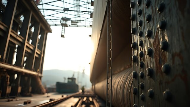 caisson. A large steel caisson in a shipyard with a worker inspecting rivets. safety posters, maintenance manuals, designed for industrial assembly lines and welding operations.