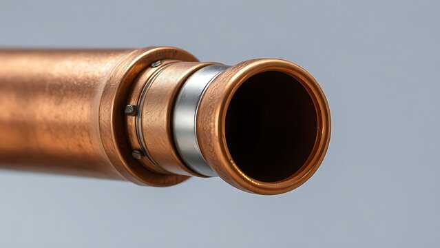 brazing. Close-up of two copper pipes joined by smooth silvery brazing filler metal. safety posters, maintenance manuals, designed for industrial assembly lines and welding operations.