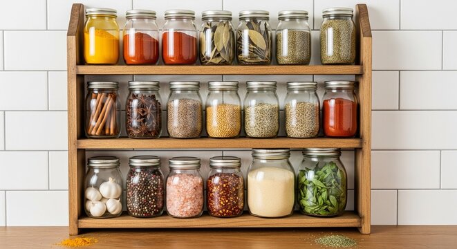 A three-tier wooden spice rack mounted on a white subway tile wall, filled with various colorful spices and herbs in uniform glass jars with metal lids.