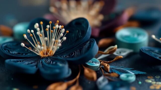 Close up of paper quilling flower arrangement with decorative elements