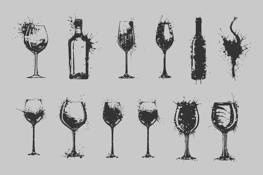 Wine glass with bottle in black lnk brush stroke isolated vector illustration.