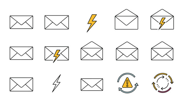 Comprehensive set of diverse envelope, lightning bolt, and refresh/warning symbols, representing fast communication, alerts, and updates.
