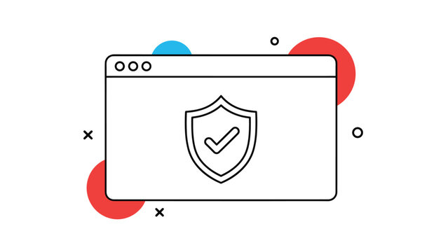 Minimalist illustration of a browser window displaying a shield with a checkmark, symbolizing secure browsing and internet protection.