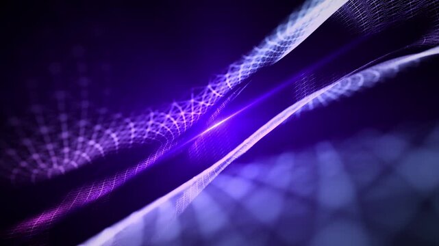 Purple glowing mesh waves intersect in a smooth abstract flow, creating a dynamic digital landscape with depth, motion, and futuristic technology energy.