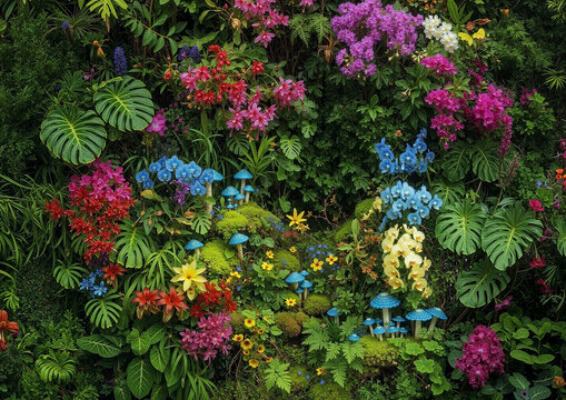 Luxuriant vertical garden wall with colorful tropical flowers, blue orchids, magic mushrooms, and Monstera leaves in an enchanted forest background