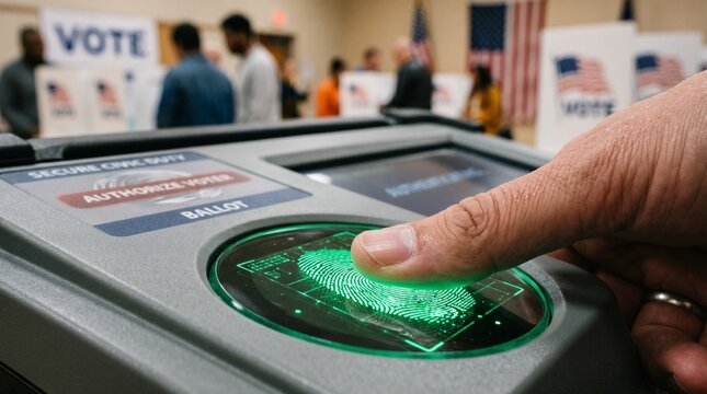 Citizen Engages with Electronic Ballot System in Polling Station Amidst Local Election Environment