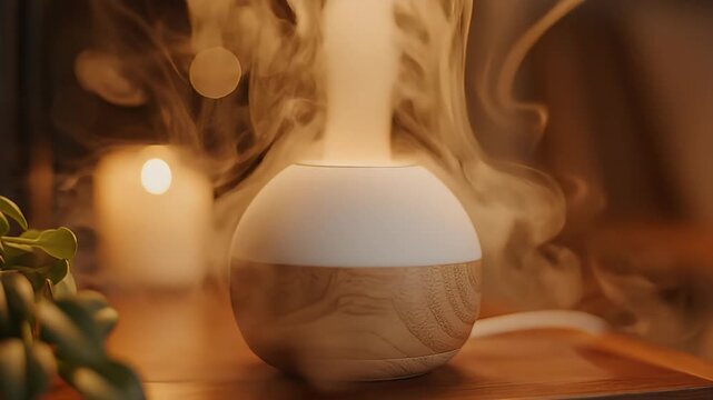 Modern wood and white essential oil diffuser with steam at home