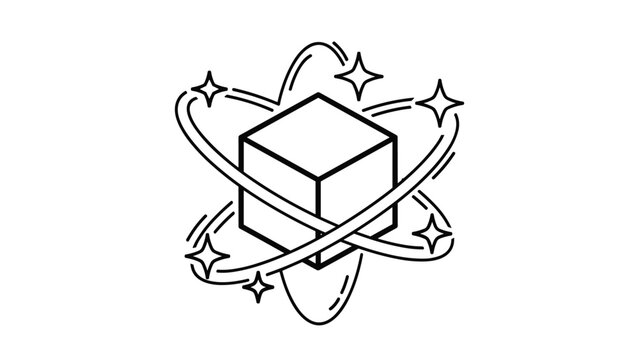 Line art illustration of a glowing cube with orbiting stars and dynamic lines, symbolizing magic, innovation, or special properties.