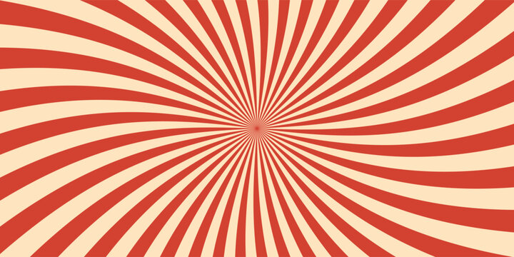 Circus background and spiral retro rays vector pattern. Vintage poster of red white sun or star burst radial lines with grunge texture, circus, carnival, summer fair or chapiteau backdrop
