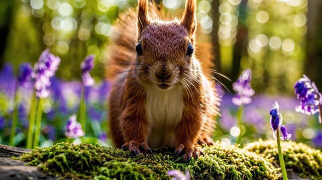 A red squirrel sits on a mossy log surrounded by purple bluebell flowers in a sunny spring forest.