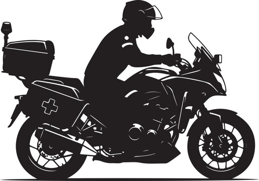 Motorcycle Ambulance Vector, Emergency Medical Services, Paramedic Rider, Black Silhouette Illustration