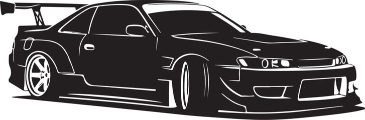 Black sports car, vector illustration, racing car, side view, monochrome design