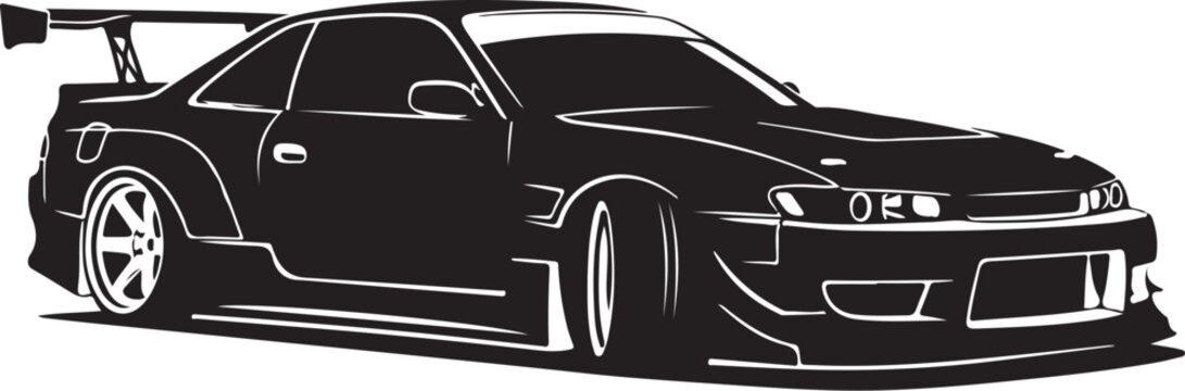 Black sports car, vector illustration, racing car, side view, monochrome design