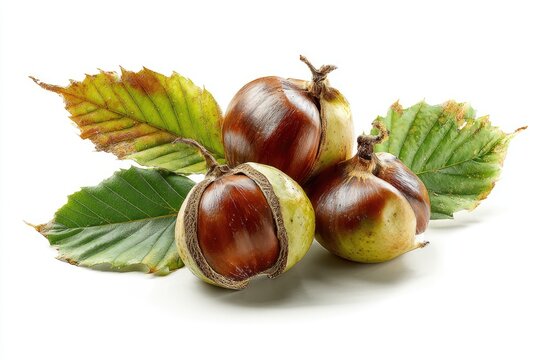 Close-up of chestnuts in their burrs, with colorful leaves, set against white