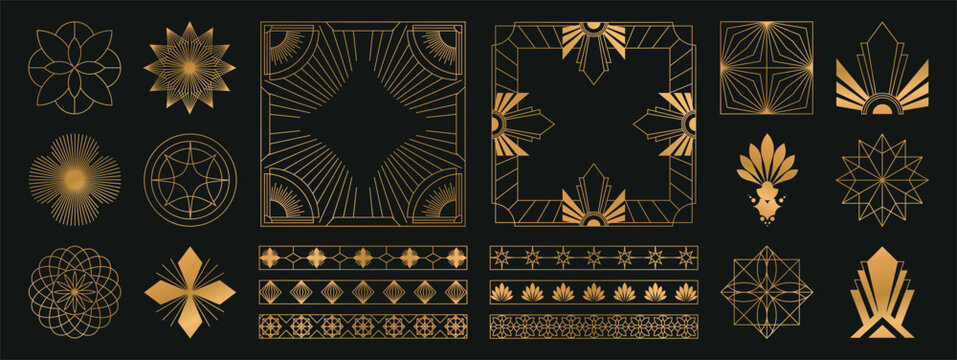 Luxury gold line art deco geometric ornament frame and border vector set on black background. Elegant vintage decorative elements collection for invitation, wedding card, logo, packaging design.