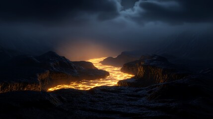 Fototapeta premium Winding river of viscous molten gold flowing through dark landscape