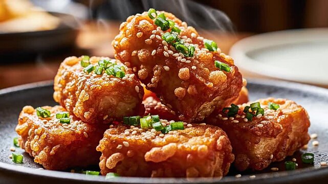 Steaming hot crispy fried tofu with sesame and scallions