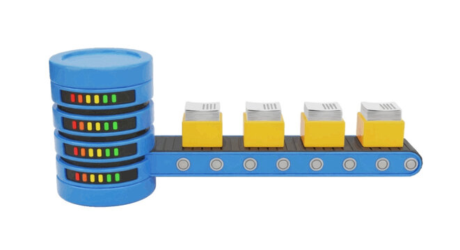 Vector illustration&nbsp;of 3d illustration of a server tower connected to a conveyor belt with data on a transparent background