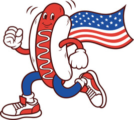 Obraz premium A cheerful hot dog mascot runs with an American flag.