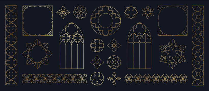 Luxury gold line art deco geometric ornament frame and border vector set on black background. Elegant vintage decorative elements collection for invitation, wedding card, logo, packaging design.
