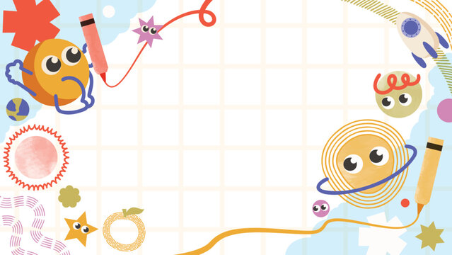 Cute colorful kids hand drawn doodle space background frame design vector with smiling planets, rocket, stars, pencil and orbit lines. Design for 4K video template, banner, nursery decor and kids.