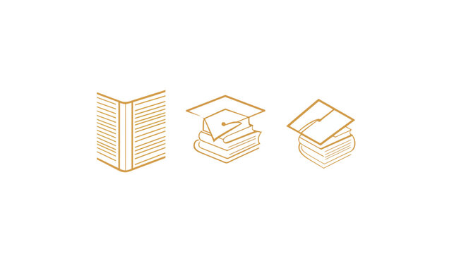 A white background with three simple golden illustrations of open book and stacks of books with graduation cap