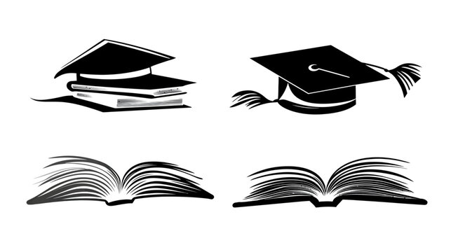Four black and white illustrations related to education and academic achievement