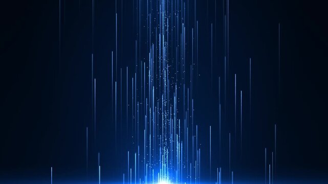 Vertical blue light lines and particles rise from a glowing base, creating a futuristic digital stream with depth, motion, and abstract technology atmosphere.