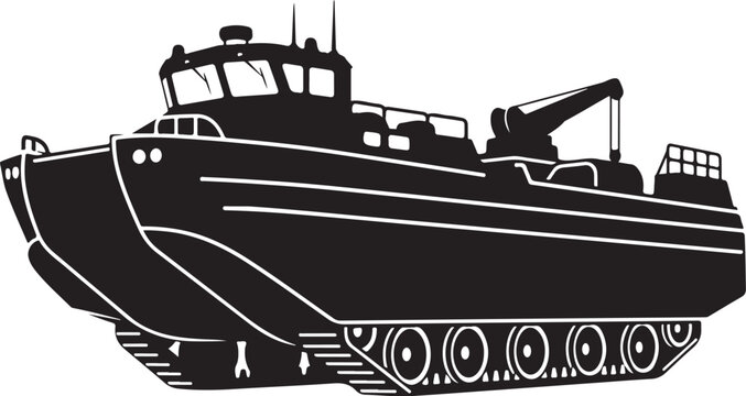 Amphibious vehicle, tank, military boat, black silhouette, vector illustration