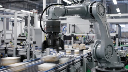 Obraz premium Robotic Arm in Action at Modern Automated Manufacturing Facility
