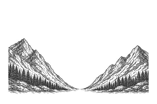 Dramatic engraved illustration of two high mountain peaks framing a valley, creating a symmetrical wilderness landscape.
