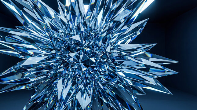Abstract 3D rendering of a sharp blue crystal star shape. Geometric polygon glass structure with light reflections